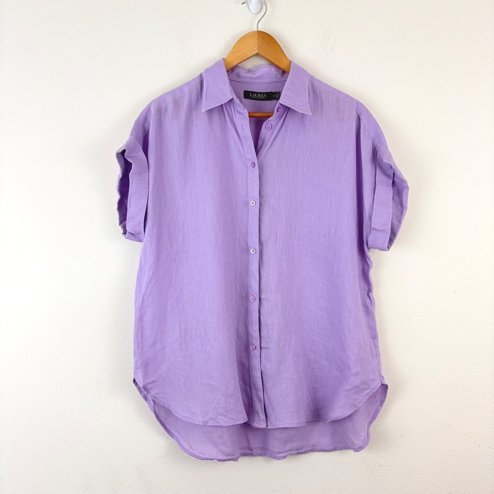 Lauren Ralph Lauren Women Purple 100% Linen Short Sleeve Button Down Shirt Med